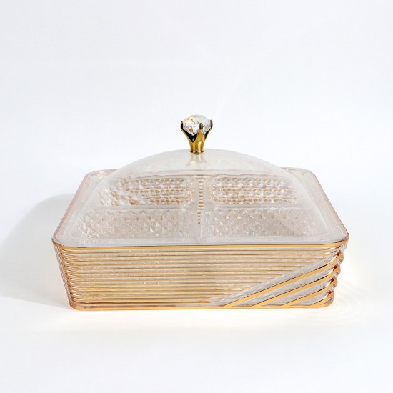 Square acrylic serving tray with lid and gold handle - 4 compartments