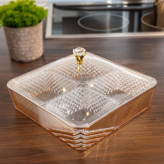 Square acrylic serving tray with lid and gold handle - 4 compartments