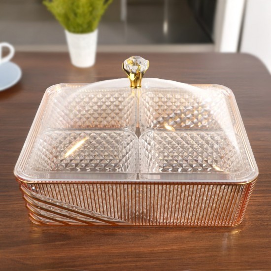 Square acrylic serving tray with lid and gold handle - 4 compartments