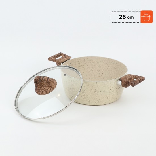 Granite saucepan with wooden handle and glass lid, Lonbeige - 26 cm 2S1A400186 Granite saucepan with wooden handle and glass lid, Lonbeige - 26 cm 2S1A400186