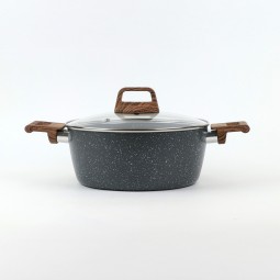 Granite saucepan with wooden handle and glass lid, black color - 26 cm size 2S1A400192