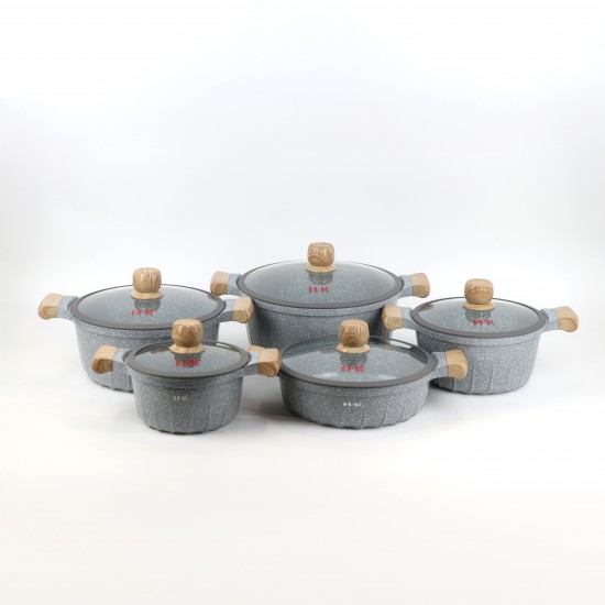 Granite cookware set with wooden design, gray color - 10 pieces