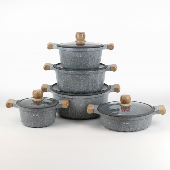 Granite cookware set with wooden design, gray color - 10 pieces