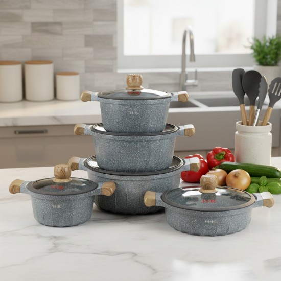 Granite cookware set with wooden design, gray color - 10 pieces