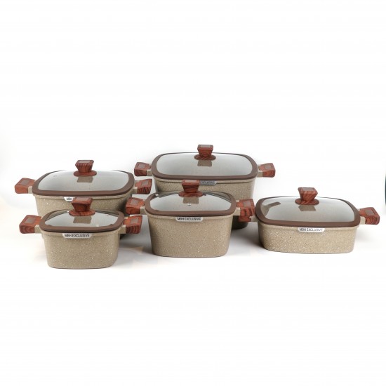 Granite cookware set with wooden handles, beige color - 10 pieces