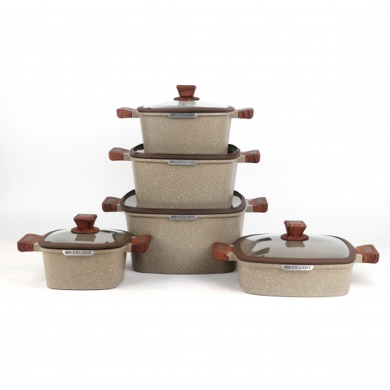 Granite cookware set with wooden handles, beige color - 10 pieces