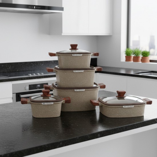 Granite cookware set with wooden handles, beige color - 10 pieces