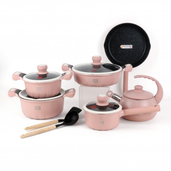 Pink granite cookware set - 14 pieces