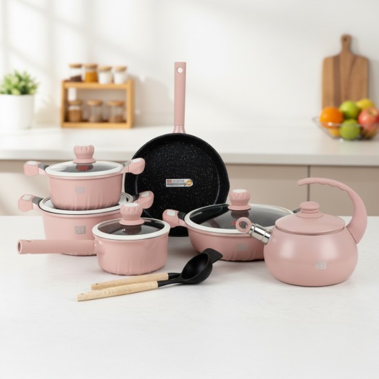 Pink granite cookware set - 14 pieces