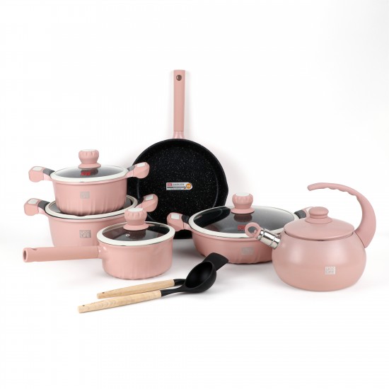 Pink granite cookware set - 14 pieces