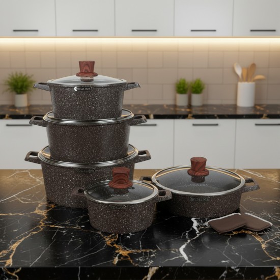 Luxury Granite Cookware Set - 10 Pieces, Brown