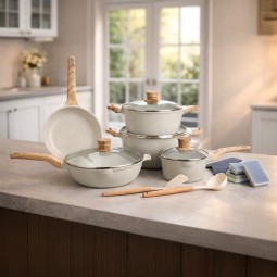 Granite cookware set with wooden handles and kitchen accessories – 16 pieces Granite cookware set with wooden handles and kitchen accessories – 16 pieces
