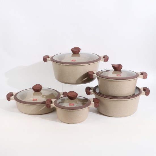 Luxury Granite Cookware Set with Glass Lid and Wooden Handles - 10 Pieces