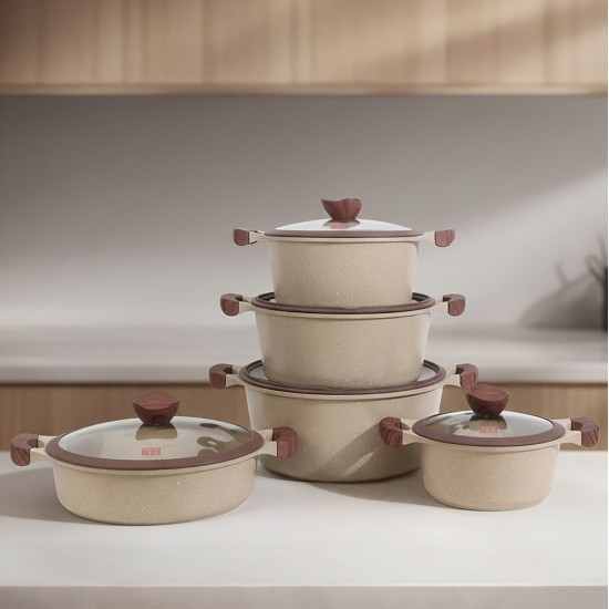 Luxury Granite Cookware Set with Glass Lid and Wooden Handles - 10 Pieces