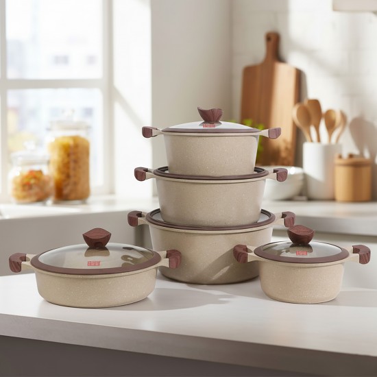 Luxury Granite Cookware Set with Glass Lid and Wooden Handles - 10 Pieces