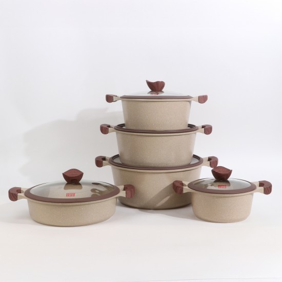 Luxury Granite Cookware Set with Glass Lid and Wooden Handles - 10 Pieces