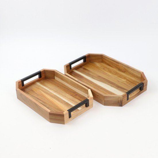 Wooden serving tray set with black metal handle, 2 pieces