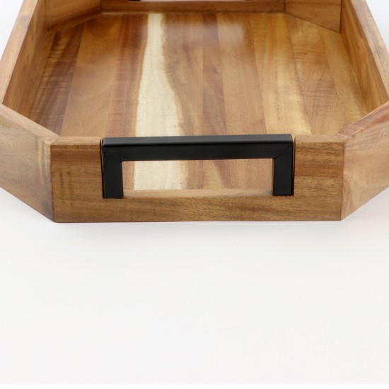 Wooden serving tray set with black metal handle, 2 pieces