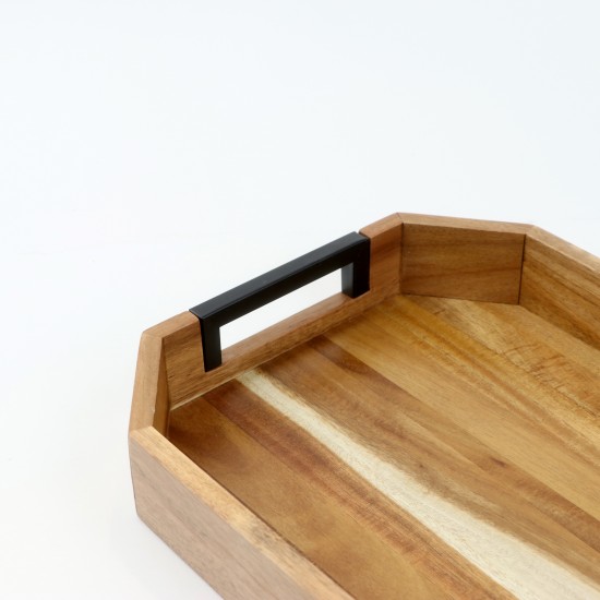 Wooden serving tray set with black metal handle, 2 pieces