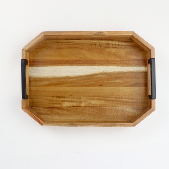 Wooden serving tray set with black metal handle, 2 pieces