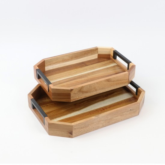 Wooden serving tray set with black metal handle, 2 pieces