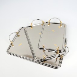 Serving tray set with metal frame and gold handles, 3 sizes Serving tray set with metal frame and gold handles, 3 sizes