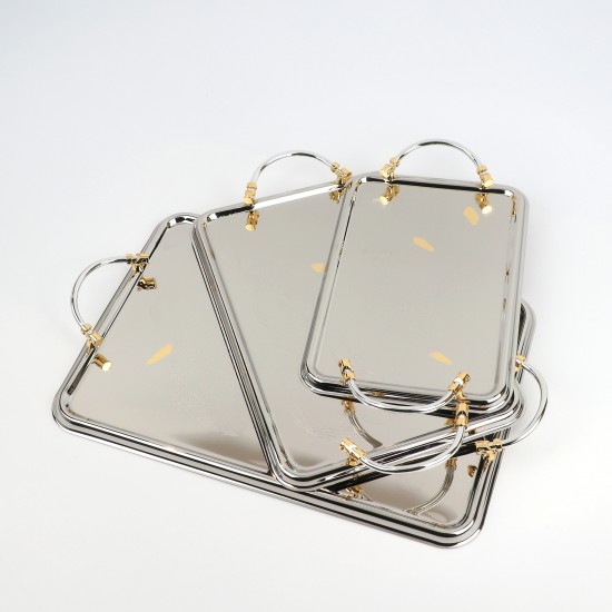 Serving tray set with metal frame and gold handles, 3 sizes