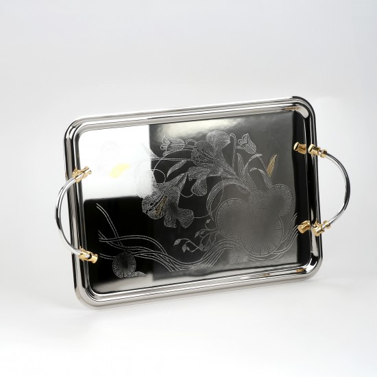 Serving tray set with metal frame and gold handles, 3 sizes