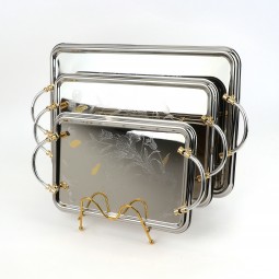 Serving tray set with metal frame and gold handles, 3 sizes