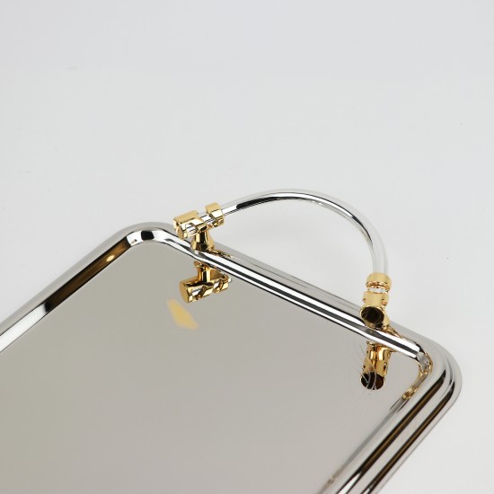 Serving tray set with metal frame and gold handles, 3 sizes