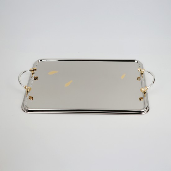 Serving tray set with metal frame and gold handles, 3 sizes