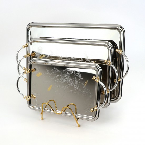 Serving tray set with metal frame and gold handles, 3 sizes