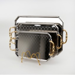 Serving tray set with metal frame and gold handles, 3 sizes