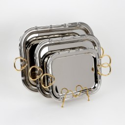 Serving tray set with metal frame and gold handles, 3 sizes