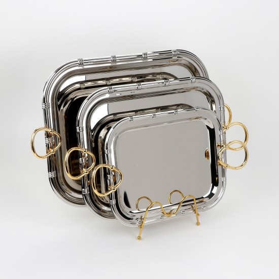 Serving tray set with metal frame and gold handles, 3 sizes