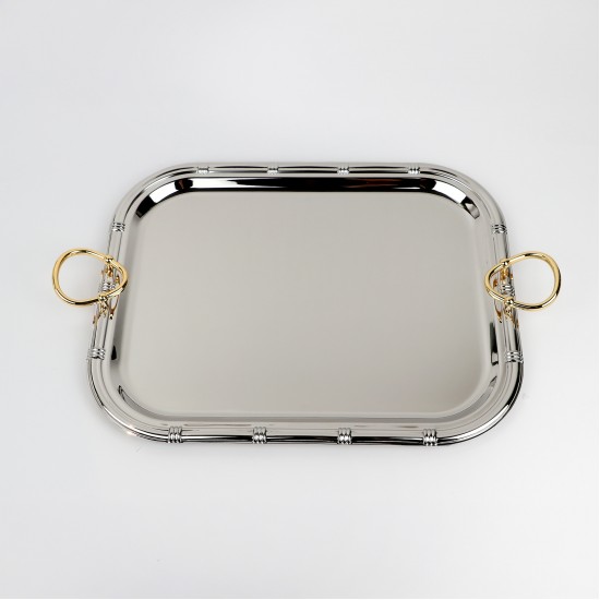 Serving tray set with metal frame and gold handles, 3 sizes