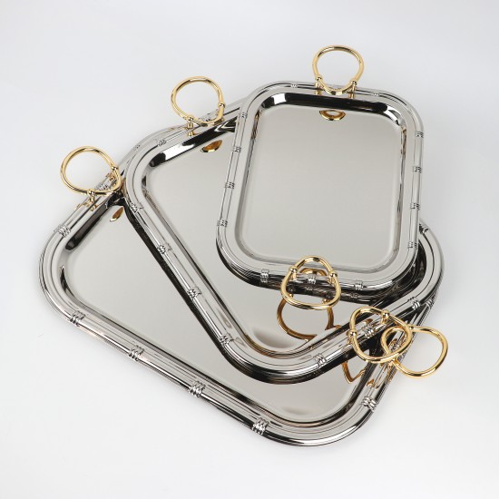 Serving tray set with metal frame and gold handles, 3 sizes