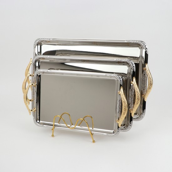 Serving tray set with metal frame and gold handles, 3 sizes