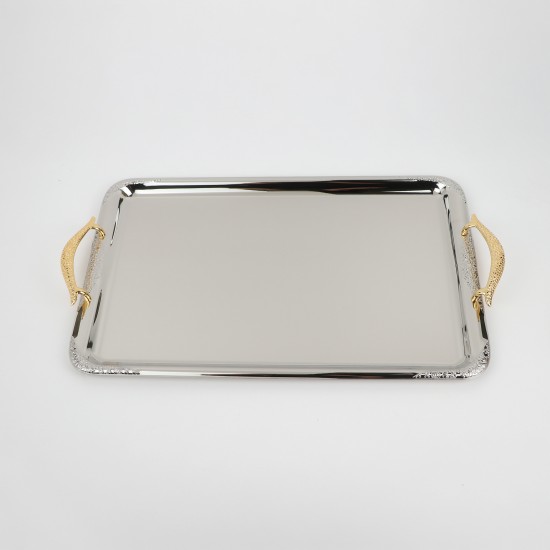 Serving tray set with metal frame and gold handles, 3 sizes