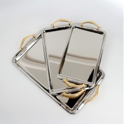 Serving tray set with metal frame and gold handles, 3 sizes