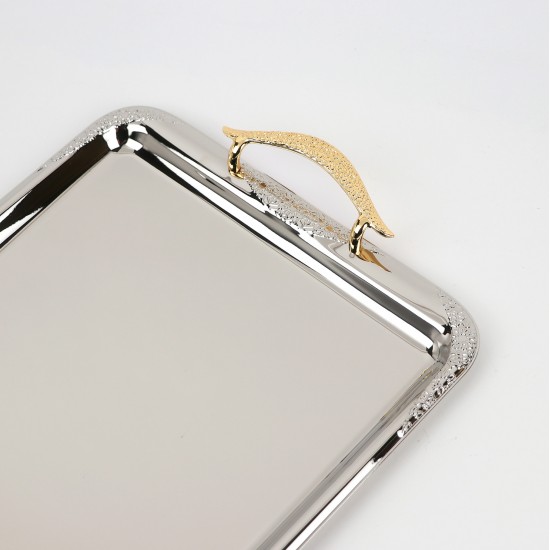 Serving tray set with metal frame and gold handles, 3 sizes
