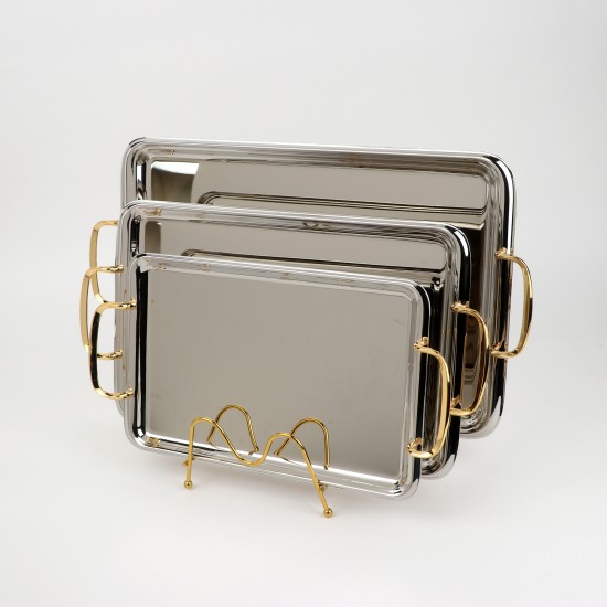 Serving tray set with metal frame and gold handles, 3 sizes