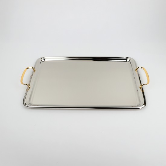 Serving tray set with metal frame and gold handles, 3 sizes