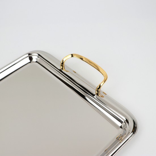 Serving tray set with metal frame and gold handles, 3 sizes