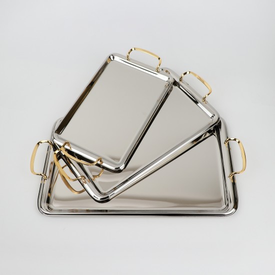 Serving tray set with metal frame and gold handles, 3 sizes