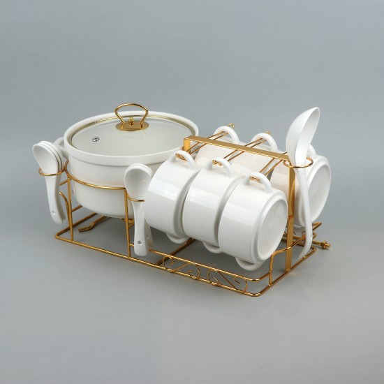 Classic porcelain soup set with gold stand, 15 pieces