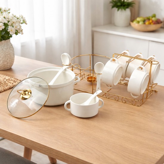 Classic porcelain soup set with gold stand, 15 pieces