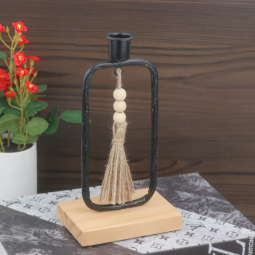 Black metal candlestick with wooden base - 2UU9-076