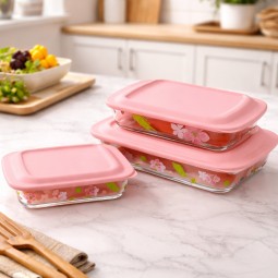 Rectangular glass tray set with plastic lid - 3 pieces - 2M1GG900063