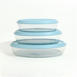 Oval Glass Tray Set with Plastic Lids - 3 Pieces - 2M1GG900065